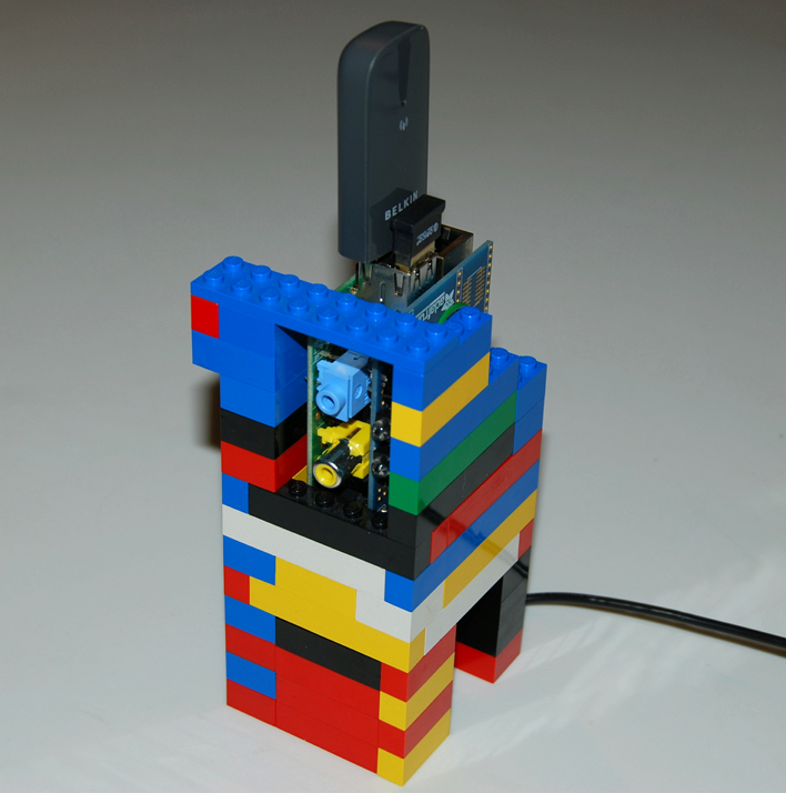Photograph of hardware assembled with a stand made of Lego.